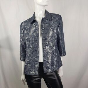 Vintage Woman's Alfred Dunner blue / metalic  gray paisley button-up blazor